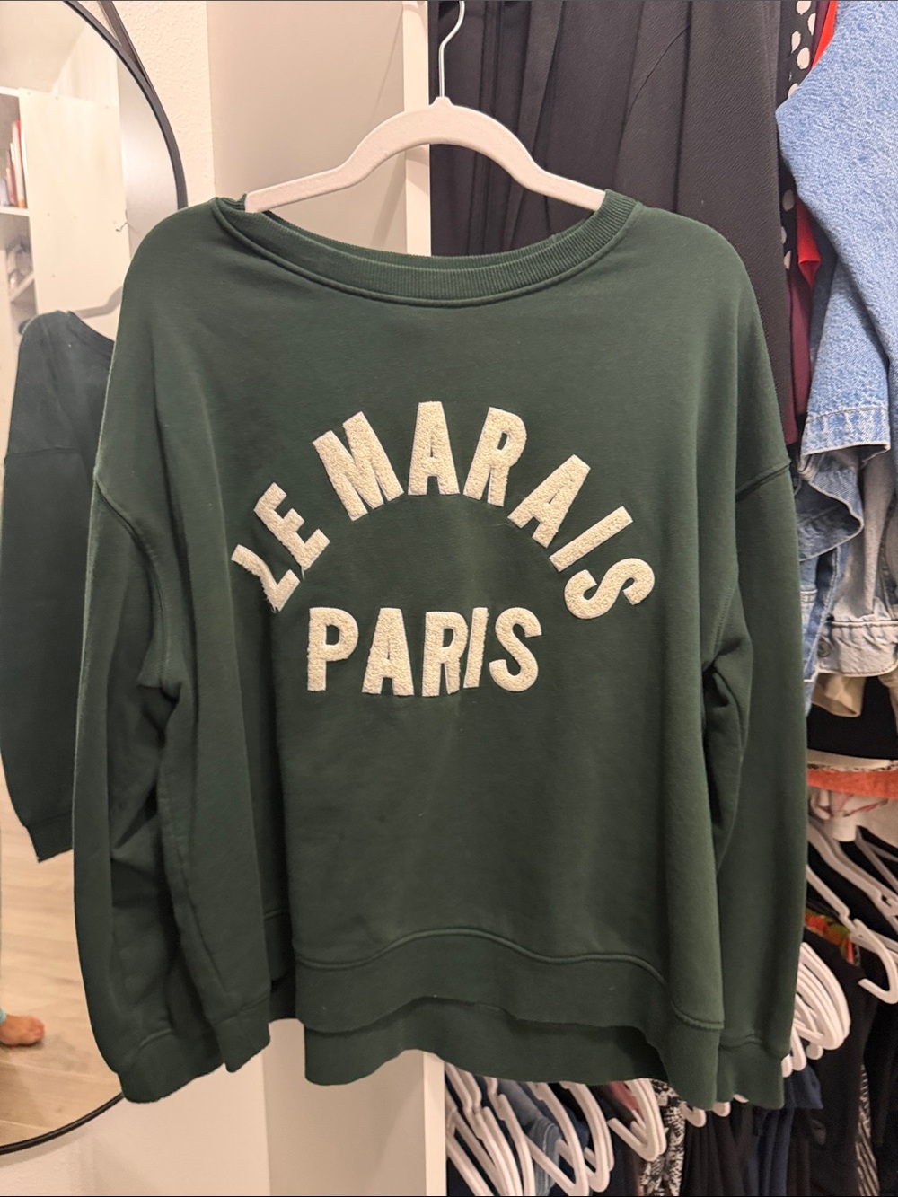 H&M Dark Green Crewneck Sweatshirt with Cream 'Le Marais Paris' Logo